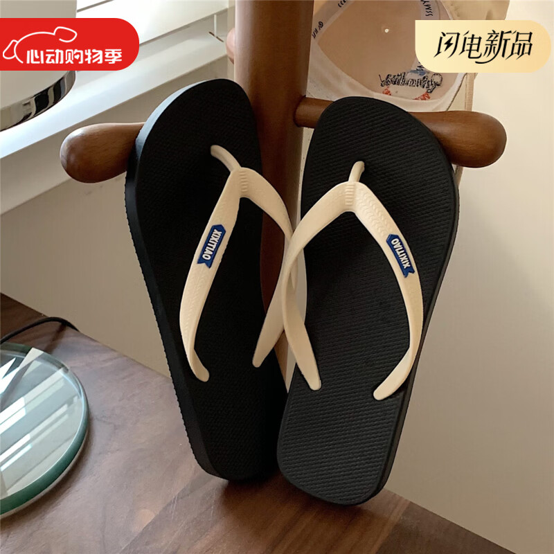 细细条（XIXITIAO）情侣款港风夹脚凉拖鞋夏季男女生时尚室内用防滑防臭软平底人字拖 黑底+白 40