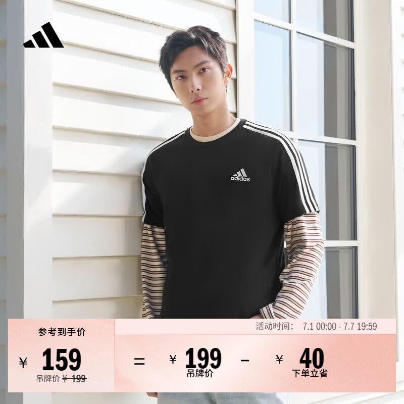 adidas纯棉休闲百搭三条纹针织运动圆领短袖T恤上衣男夏阿迪达斯 黑色/白   L  
