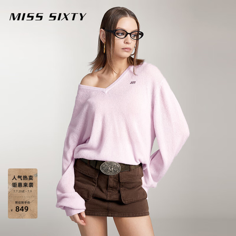 MISS SIXTY山羊绒针织衫上衣女简约休闲气质V领刺绣毛衣软糯慵懒 浅紫 M