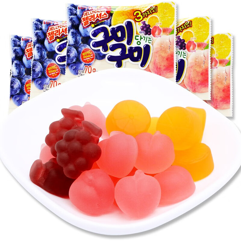 韩国进口乐天混合水果味草莓味软糖5袋儿童休闲糖果零食qq橡皮糖 混合水果味70g*5袋