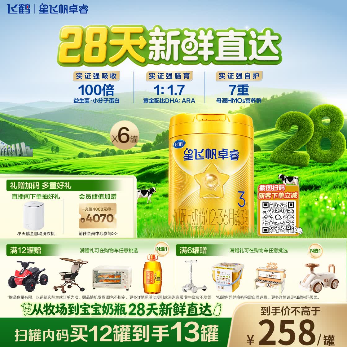 飞鹤星飞帆卓睿3段幼儿配方奶粉1-3岁750g*6乳铁蛋白7种HMO28天新鲜