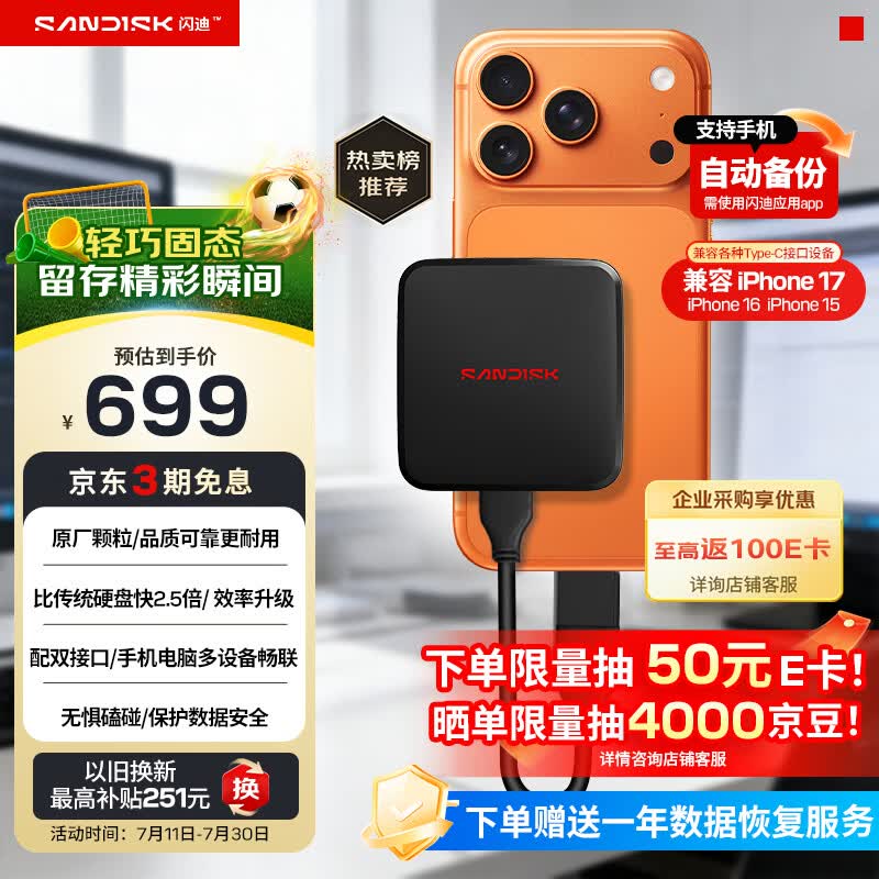 闪迪（SanDisk）ELE 1TB 移动固态硬盘（PSSD）新元素 type-c接口 小巧便携手机直连笔记本电脑两用外接 办公存储