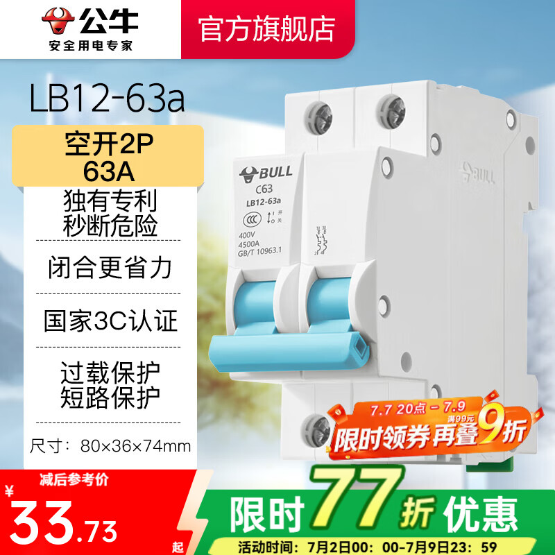 公牛（BULL）断路器家用电源总闸空气开关大功率空开C型断路器佳和LB12系列 【2P 63A空开】