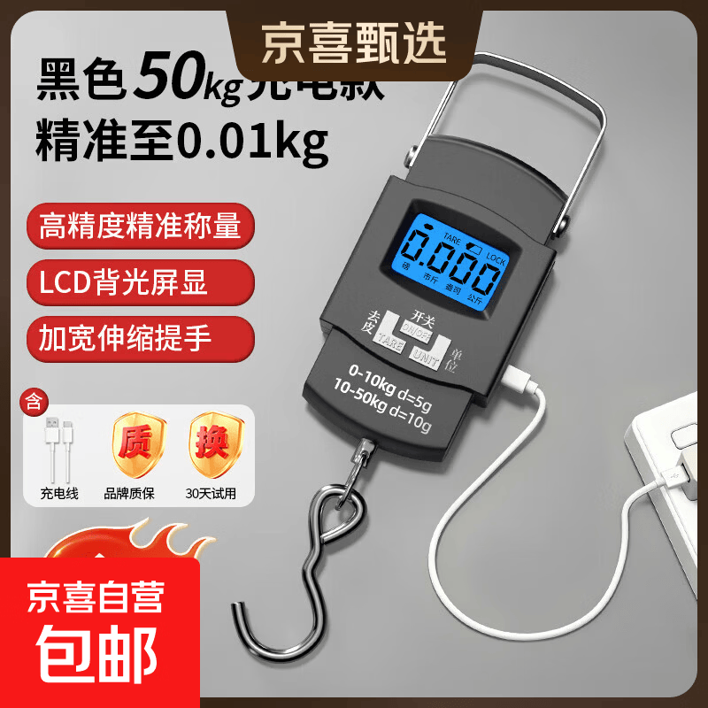 高精度手提电子秤快递称便携式家用商用吊钩秤勾弹簧行李称重 黑色充电款【可称50公斤】