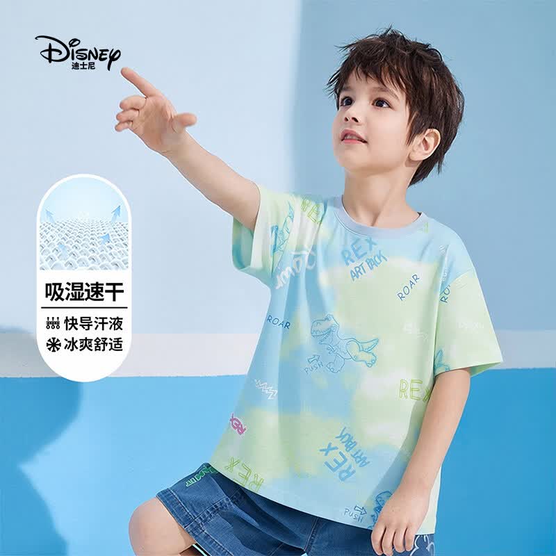 迪士尼(Disney)男女童短袖T恤2026夏季新款圆领卡通印花t恤女孩宽松打底衫上衣 仿扎染小恐龙 130 【建议身高125-135cm,体重50-60斤】