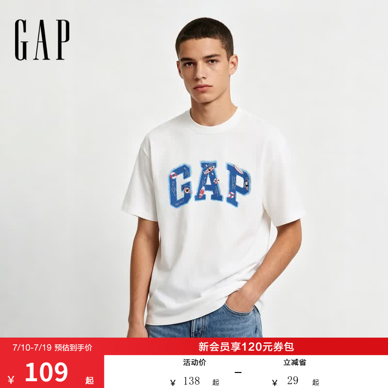 盖璞Gap男女装2026夏季新款纯棉logo印花沙滩圆领短袖T恤上衣891400 白色 XL (180/100A)亚洲尺码