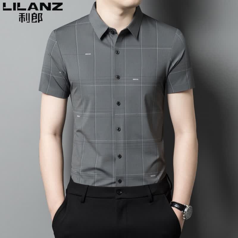 利郎（LILANZ）无痕冰丝短袖衬衫男士中年夏季新款商务休闲格子衬衣无痕垂感 黑色 4XL 190体重180-200斤