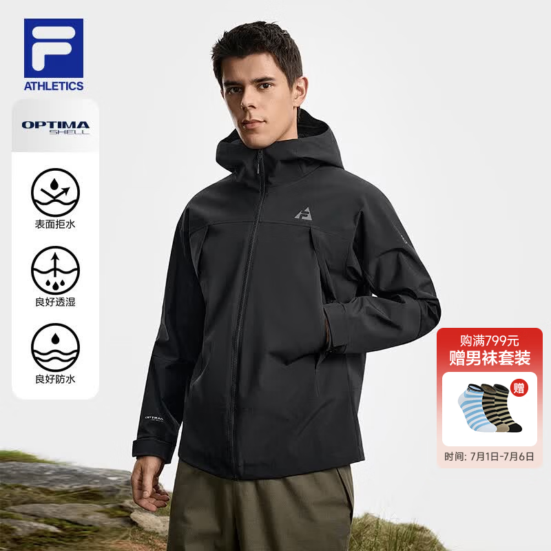 FILA 斐乐官方男士梭织上衣2026春户外运动舒适拼色连帽外套 深黑-BK XL 180/100A/XL