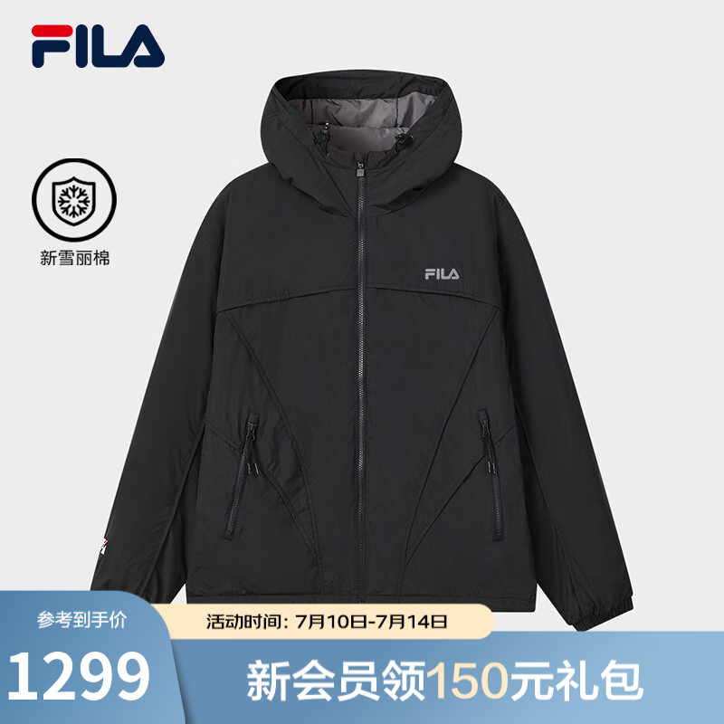 FILA 斐乐官方男士棉服2026春新款时尚休闲宽松上衣保暖连帽外套 暗流黑-BK XL 180/100A/XL