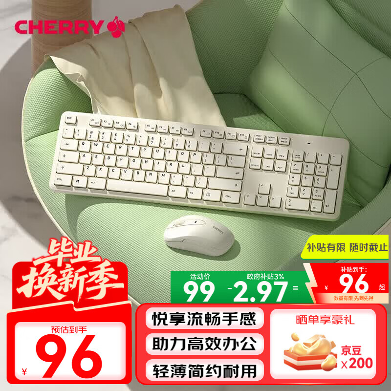 CHERRY樱桃DW2300键盘无线键鼠套装 键盘鼠标商务办公家用笔记本电脑外接全尺寸轻音便携人体工学 复古白