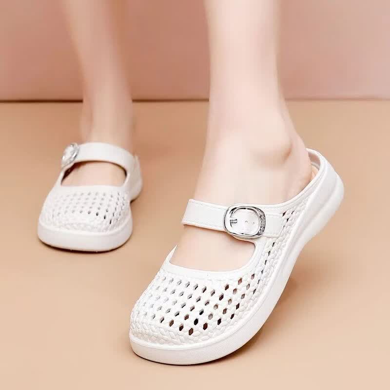 新款透气百搭拖鞋厚底包头一脚蹬半拖女鞋外穿软底软面防滑凉拖M 米白色【软底透气】 40