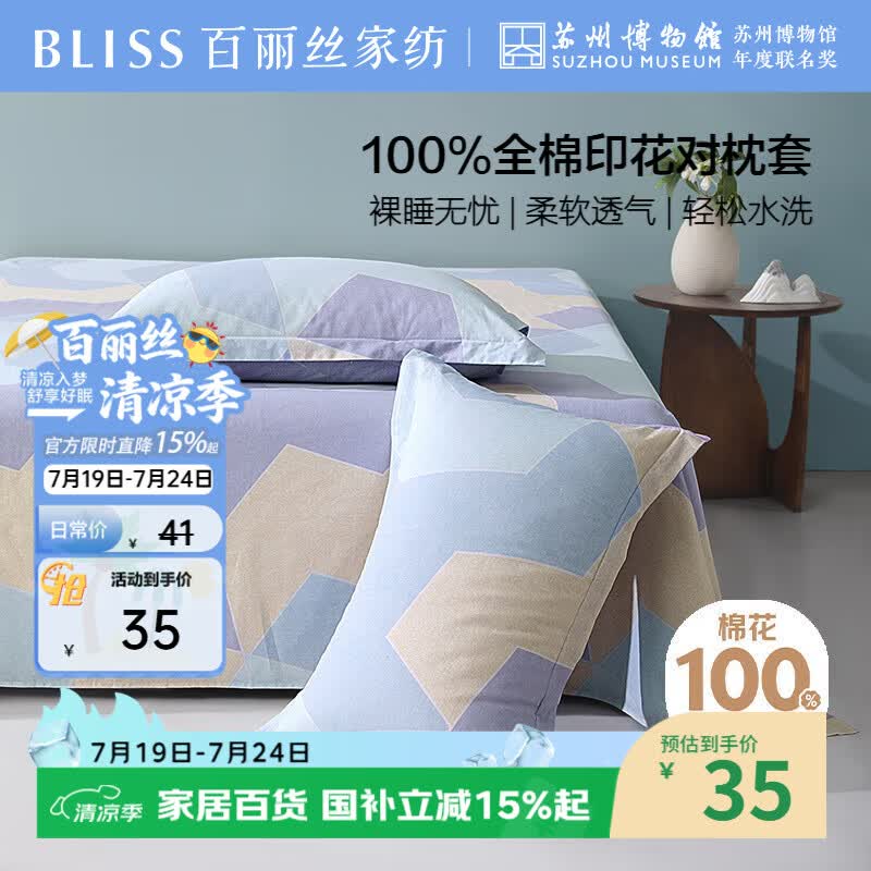 百丽丝水星家纺出品枕头套单件 全棉枕套枕巾纯棉枕头罩枕套一对48x74cm