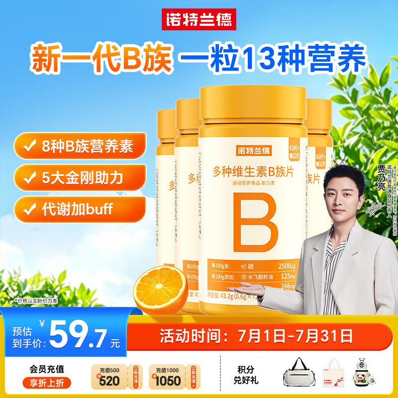 诺特兰德多种维生素B族片【72片/瓶*4】复合维b1b2b6b12烟酸叶酸牛磺酸	