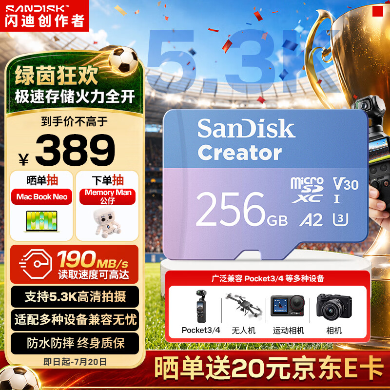 闪迪（SanDisk）创作者 闪迪内存卡TF卡 行车记录仪运动相机监控存储卡 运动相机大疆pocket3 4内存卡 V30极速粉卡 256GB 官方标配