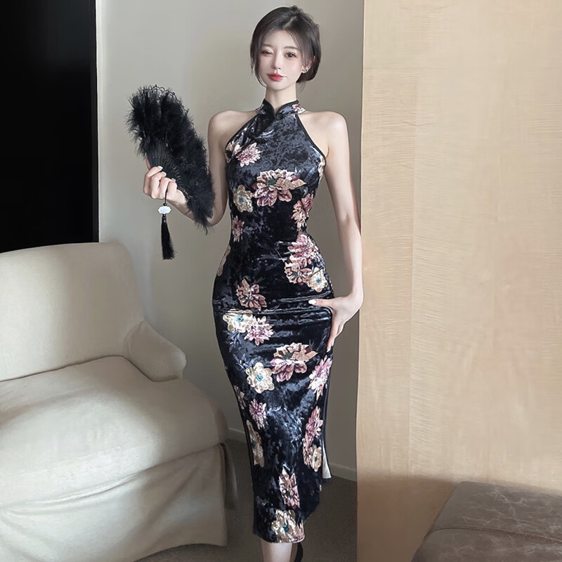 圣洛影宝名媛装性感优雅挂脖露背花色盘扣改良旗袍收腰显瘦女人性感