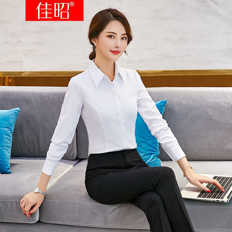 佳昭 加绒加厚白色衬衣女职业装长袖衬衫暗扣办公室职员工作服一 白色