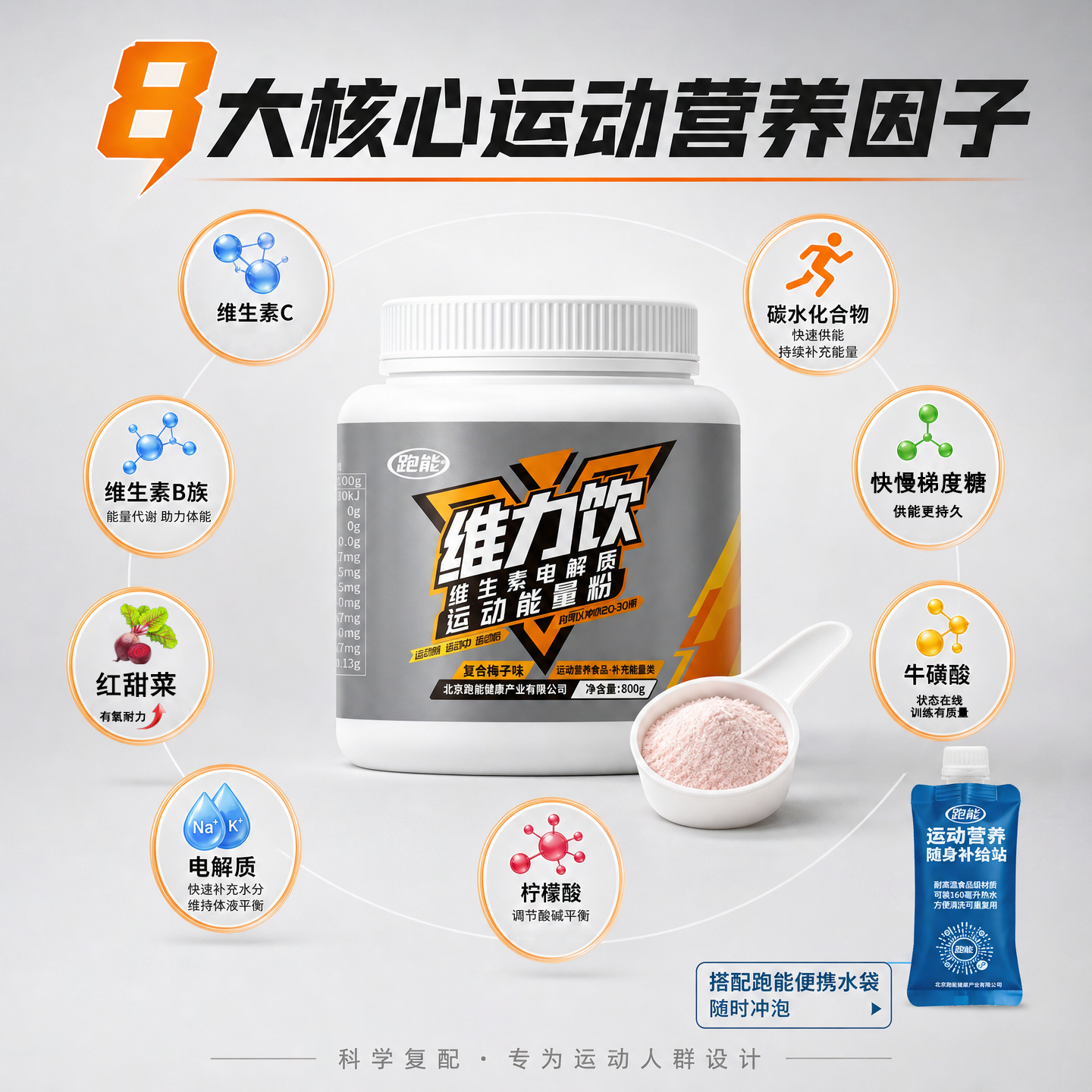 跑能润维力饮补充运动营养电解质能量粉多重维生素水冲剂饮料梅子味 【专业队配方】电解质营养 800g*1桶 送水袋1个