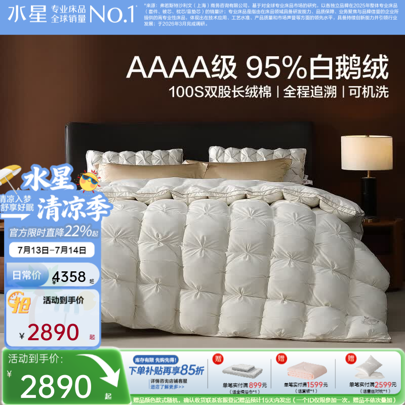 水星家纺被子 95%白鹅绒羽绒被A类抑菌可机洗鹅绒被 四季被冬天保暖冬被 【松花江】95白鹅绒冬被+100支棉+可机洗 220cm×240cm （适合1.8米床）