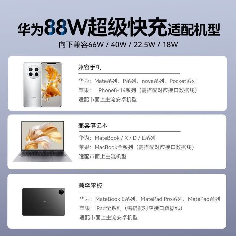 华为原装66W充电器超级快充88W/100W全能充电器套装P60pro Mate60pro50/40 30华为nova手机充电器 华为88W充电头+双C线【盒装】