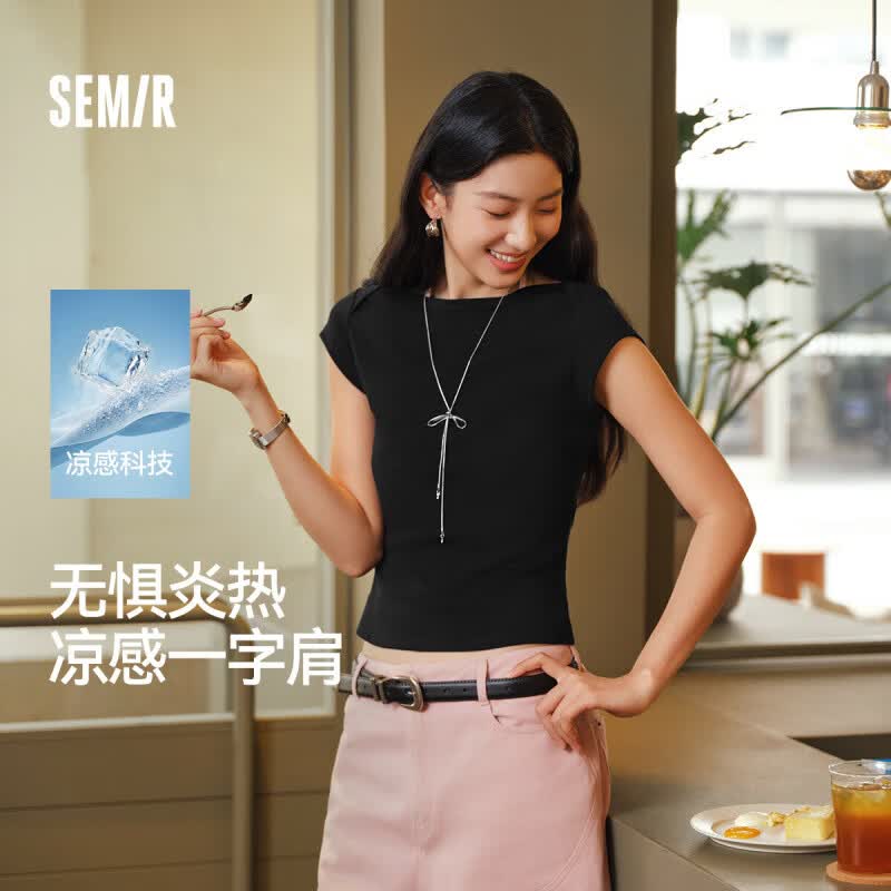 森马（Semir）[夏日多彩T恤合辑]短袖t恤女短款上衣夏装收腰显瘦U领撞色套头衫 M款-黑色90001 S