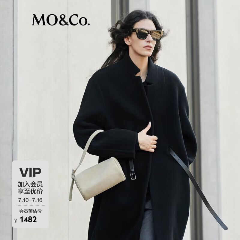 MO&amp;Co.毛呢大衣意大利精工绵羊毛立领廓形黑色外套附腰带摩安珂