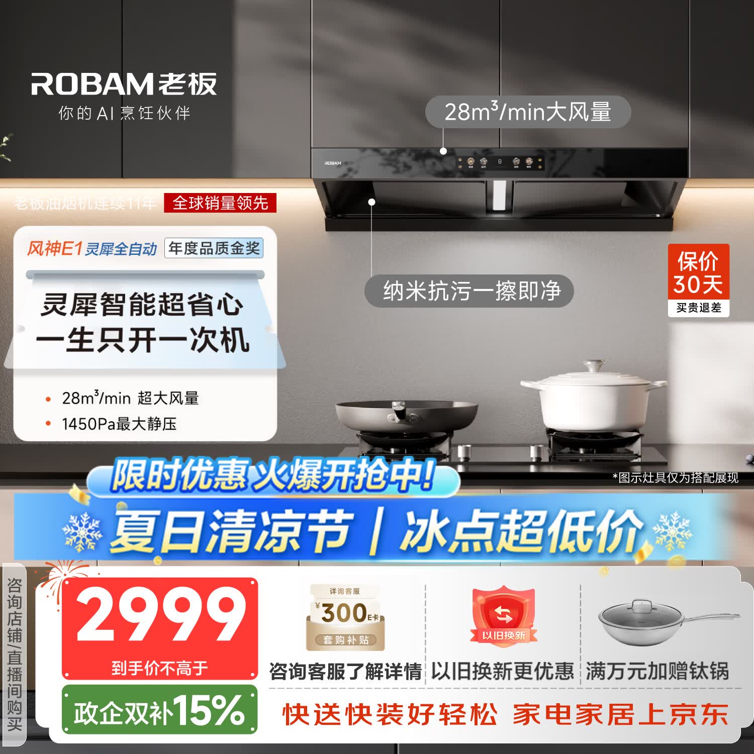 老板（Robam）【风神AI自动款】年度品质金奖E1抽吸排油烟机28自动大吸力静音烟机双腔顶吸家用烟灶联动以旧换新