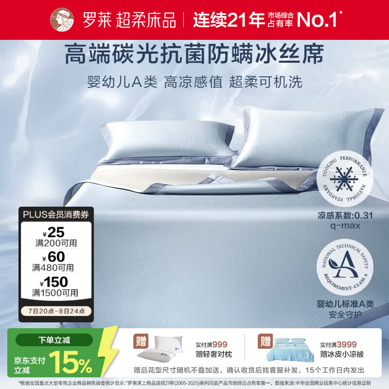 罗莱家纺 A类冰丝席【可机洗】抗菌防螨凉席床笠款三件套蓝180*200*30