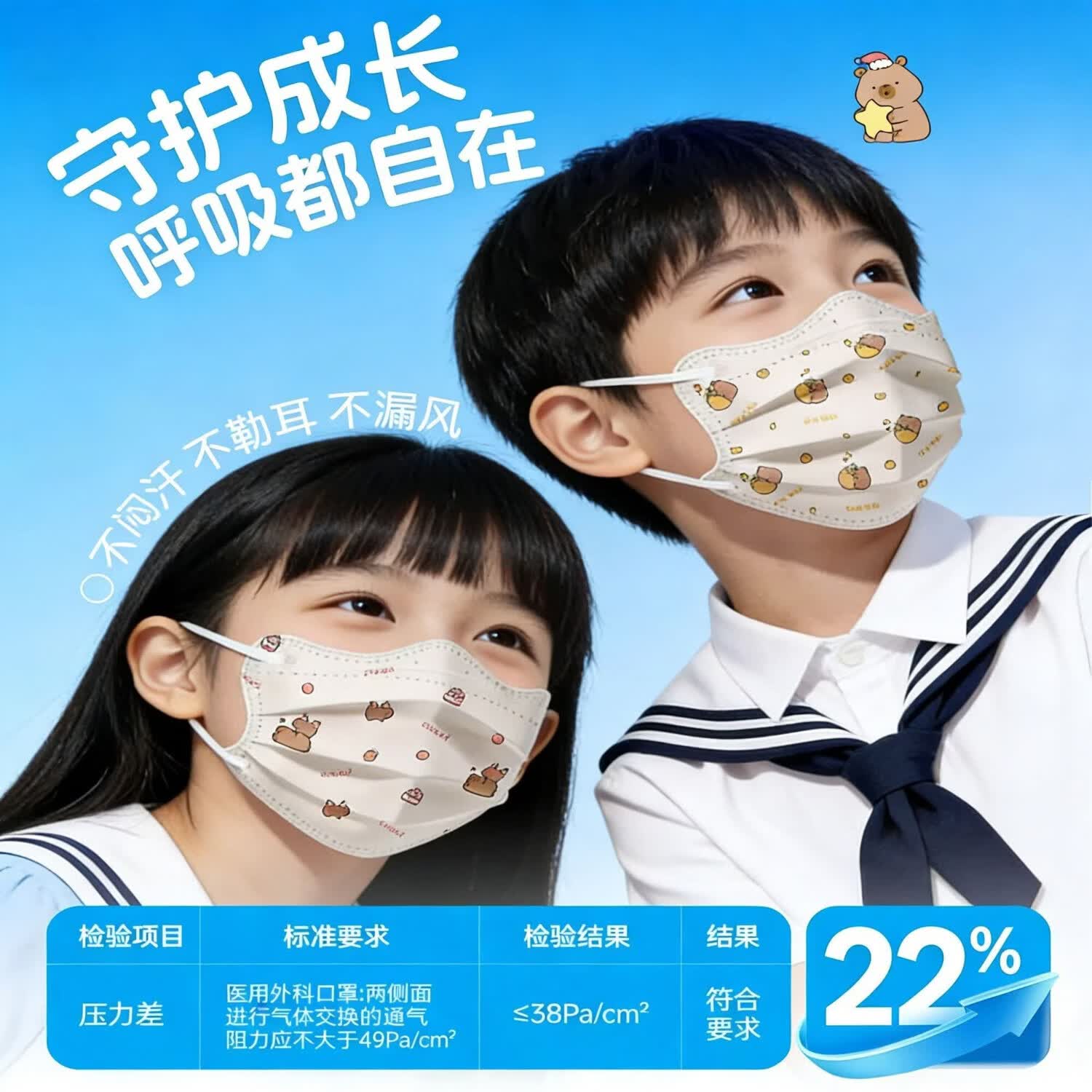 万宝绿儿童医用外科口罩蝶形一次性医疗3-6岁独立包装5岁8-12岁防晒薄款 医用灭菌级【13-15岁*加宽不勒耳】水豚熊五色搭 儿童医用外科口罩【30片*体验装】独立包装