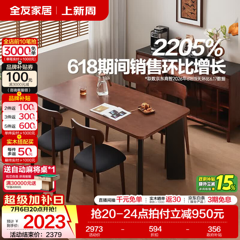 全友家居复古风实木餐桌椅子全套2026新款饭桌子客厅家用4-6人长方形 【全实木】1.6m餐桌+大圆角餐椅*4