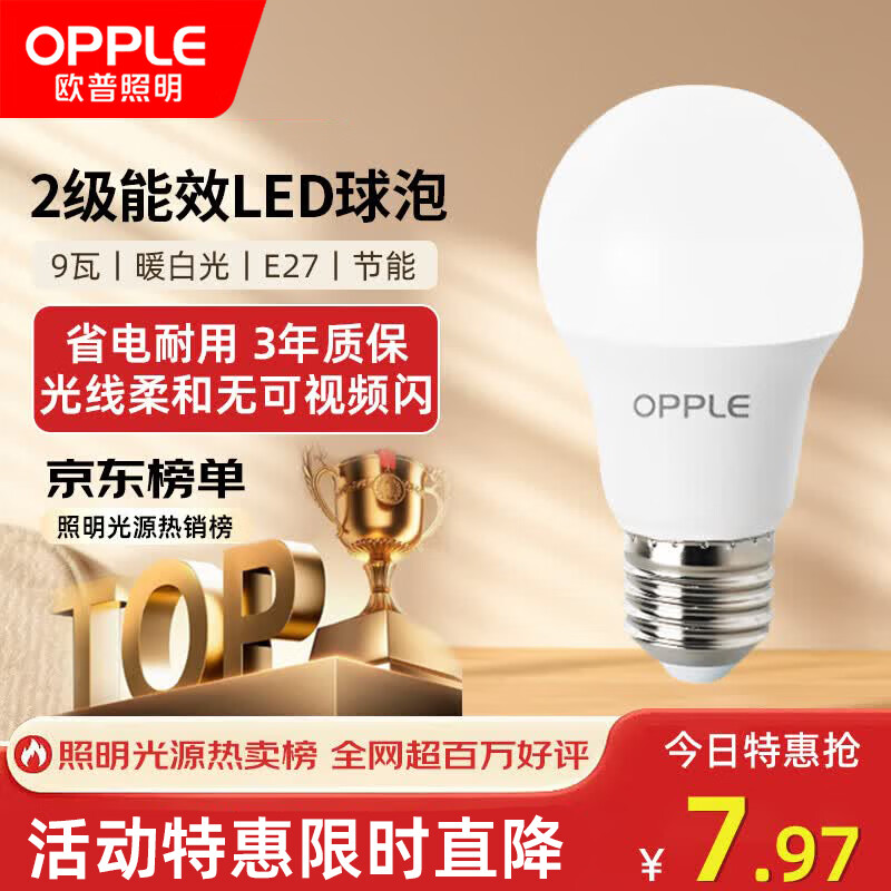 欧普照明（OPPLE）LED节能灯泡E27螺口灯泡 【9w-暖白光3000K】1只装 大功率光源超亮高显色球泡