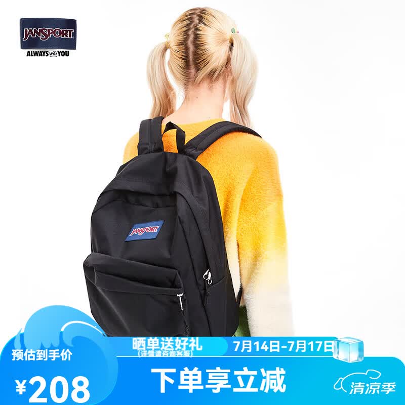 JANSPORT杰斯伯双肩包女学生旅行包26L旅行轻便透气书包男背包 4QUT008爵士黑/经典黑-侧边袋