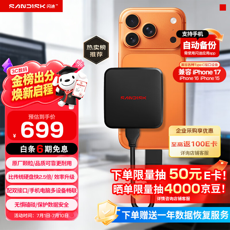 闪迪（SanDisk）ELE 1TB 移动固态硬盘（PSSD）新元素 type-c接口 小巧便携手机直连笔记本电脑两用外接 办公存储