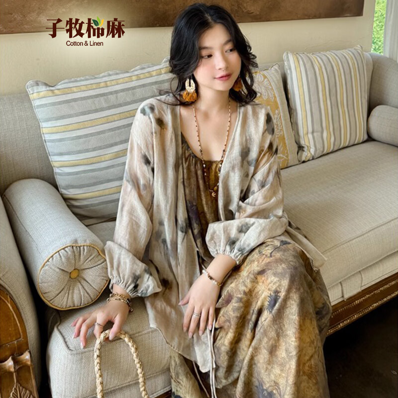 子牧棉麻2026夏装 女冰感轻盈艺术花色斜襟气质开衫百搭上衣2880 花色 M (建议95-115斤)