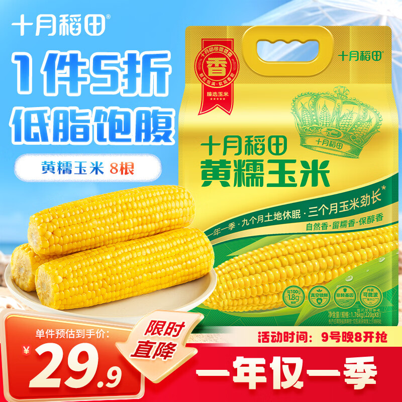 十月稻田 黄糯玉米 8根 3.52斤 真空包装 东北甜粘玉米棒 低脂早餐