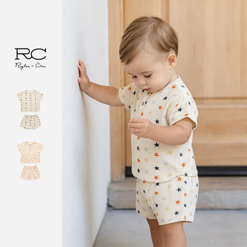 RYLEE+CRU婴童宝宝卡通图案满印短袖t恤短裤套装两件套纯棉夏装 橘色 90