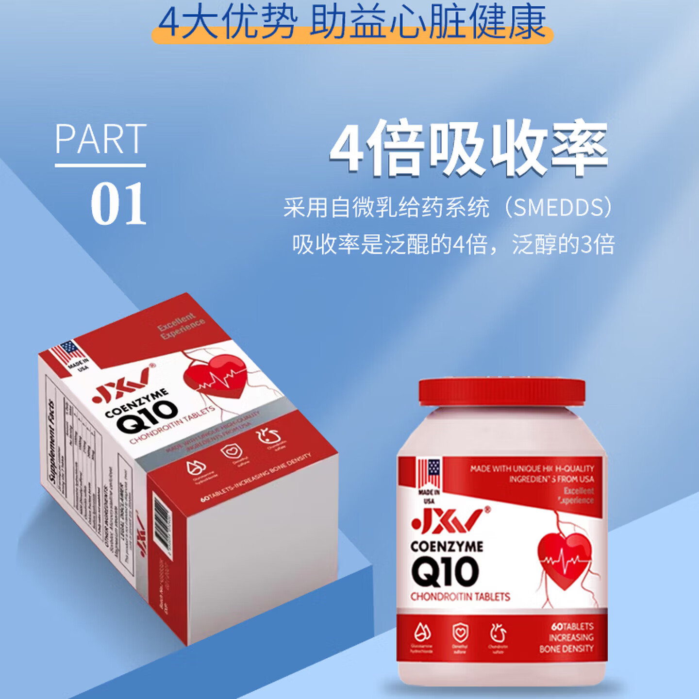 JXV辅酶Q10胶囊保护心脏心脑血管 200mg 高含量 进口软胶囊 60 粒 三瓶周期装 60粒*3瓶
