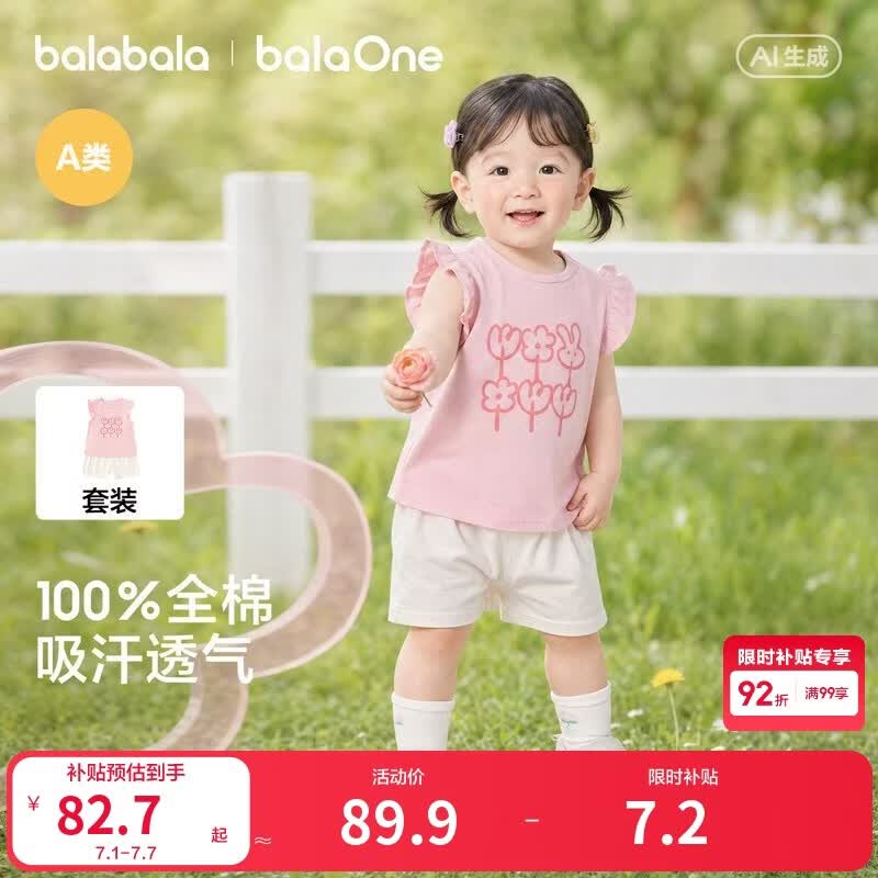 巴拉巴拉童装儿童短袖套装2026夏装新款女童宝宝t恤裤子两件套婴儿衣服甜