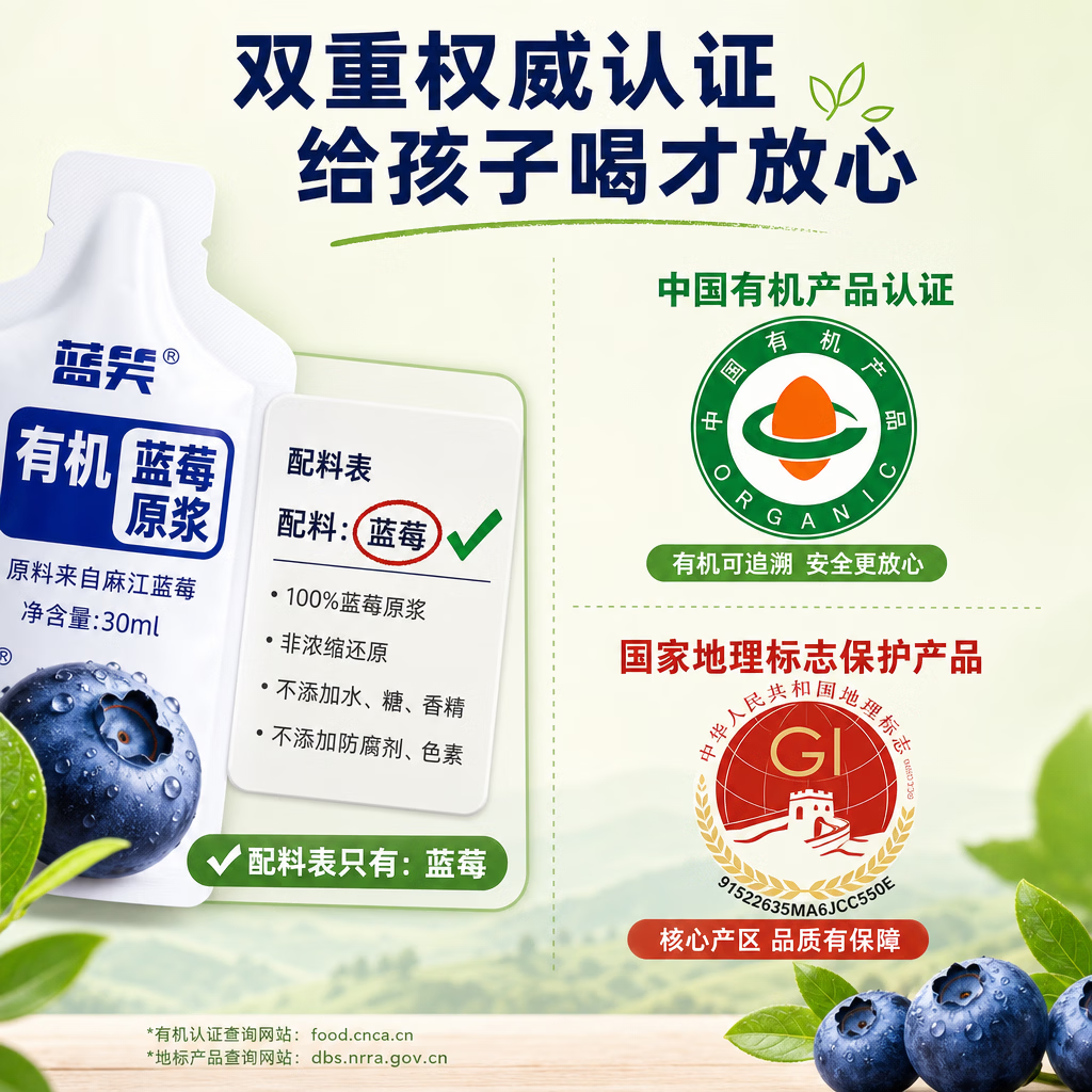 蓝笑有机蓝莓原浆0脂0糖 NFC纯果汁 富含花青素护眼 儿童孕妇早餐饮品 【送礼/长效护眼】450ml x 5袋(单袋低至39.98元)