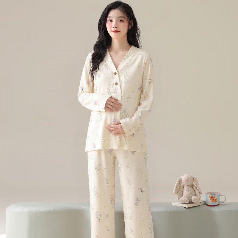 ROVO纯棉月子服孕妇产后喂奶哺乳睡衣带胸垫吸汗产妇家居服套装 粉色小兔【纯棉 自带胸垫】 XXL