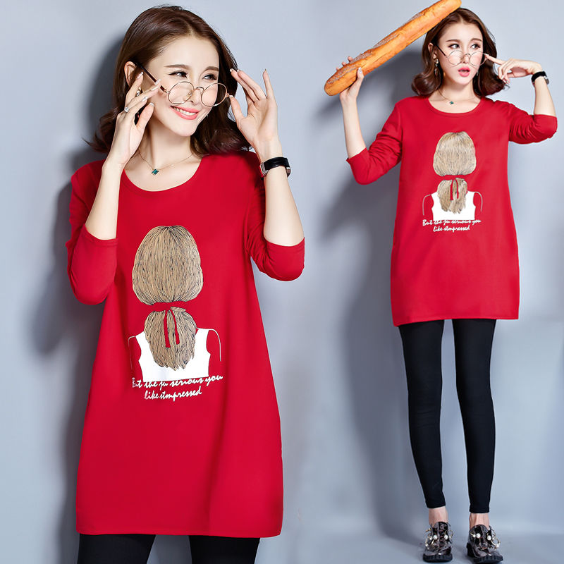 女2021新款学生韩版宽松中长款上衣春秋季加绒打底衫 女郎背影-红色 s