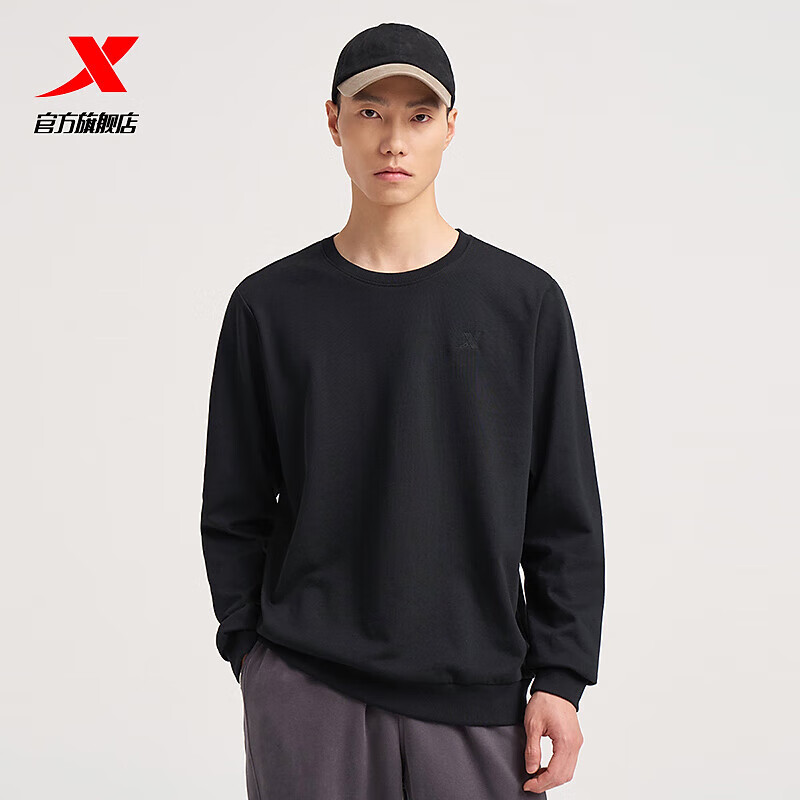 特步（XTEP）套头百搭卫衣男冬季新款宽松圆领长袖潮流运动户外休闲上衣 正黑色 XL