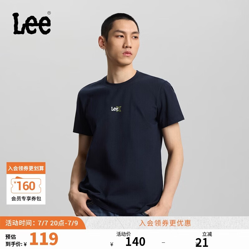 Lee26春夏新品标准版圆领小Logo印花图案男女同款短袖T恤 藏青色 L