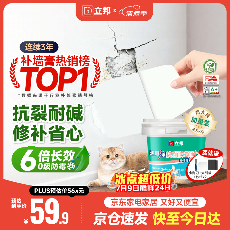 立邦补墙膏墙面修复防霉抗菌墙面修补膏堵洞腻子膏白色2.5kg