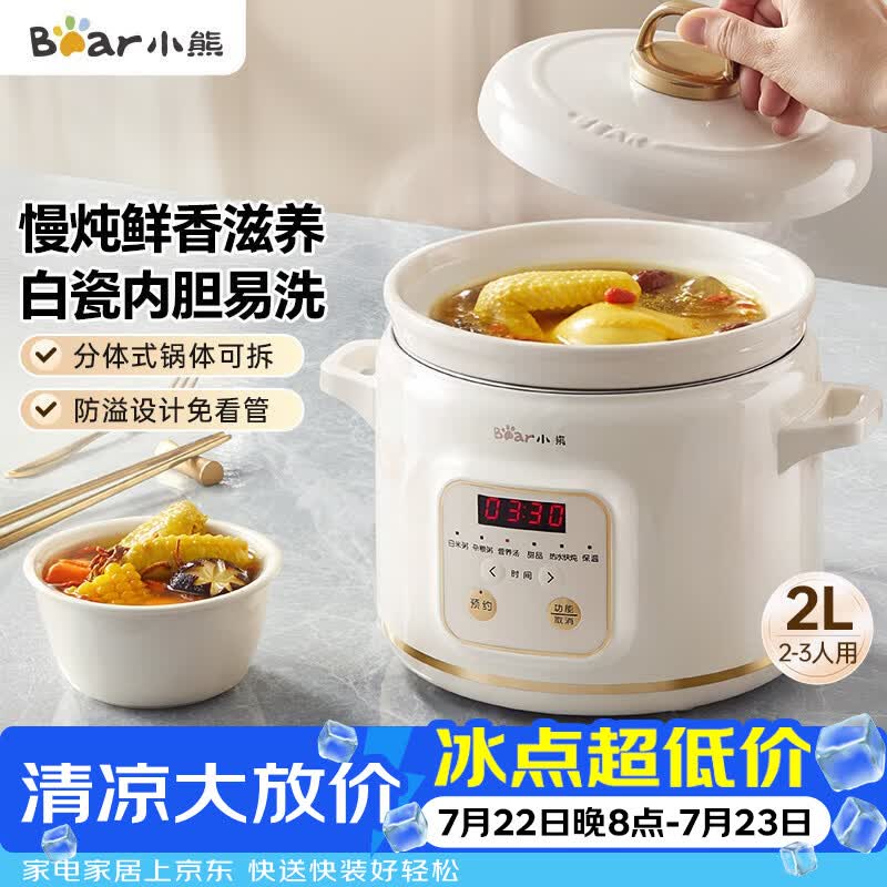 小熊（Bear）电炖锅 电炖盅 煲汤锅 炖汤锅 电砂锅 煮粥锅 婴儿熬粥家用可预约白瓷 2-3人用 DDG-E20M1米黄色2L