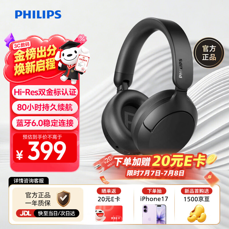 飞利浦（PHILIPS）头戴式无线蓝牙耳机ANC主动降噪耳机Hi-Res双金标认证适配苹果华为 TAH6000 黑 价保