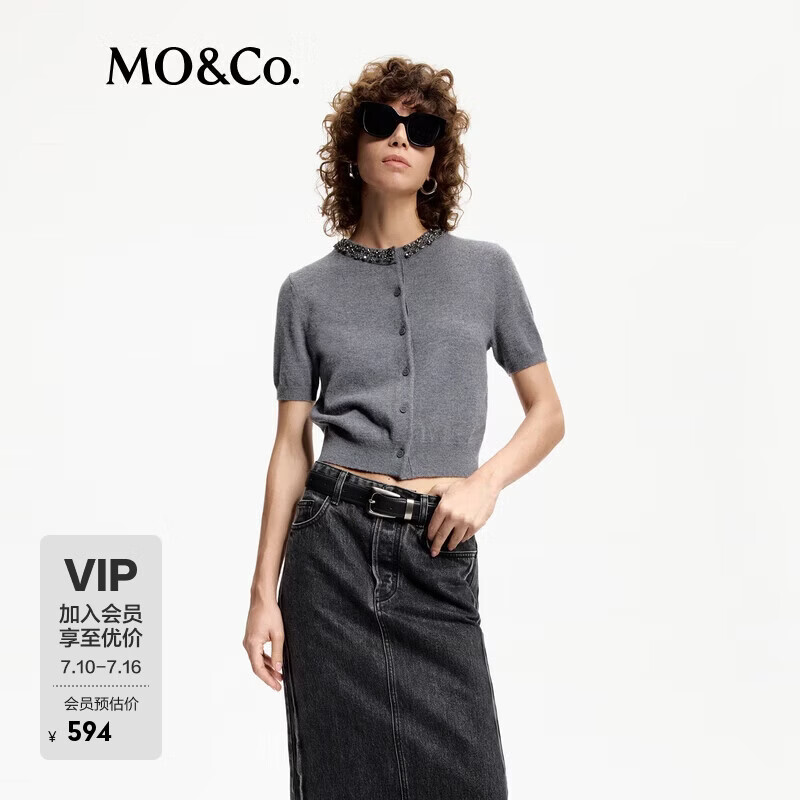 MO&amp;Co.【绵羊毛×山羊绒】针织衫开衫春秋全手缝水钻圆领短款短袖