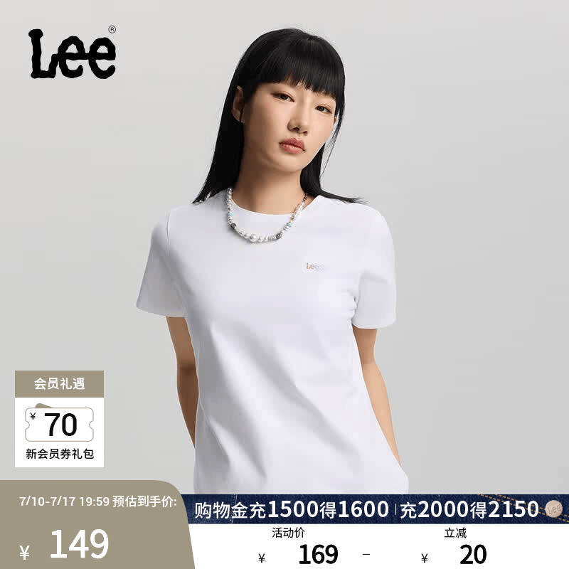 Lee26春夏新品标准版圆领渐变Logo印花女短袖T恤休闲潮LWT0121924LE 白色 L