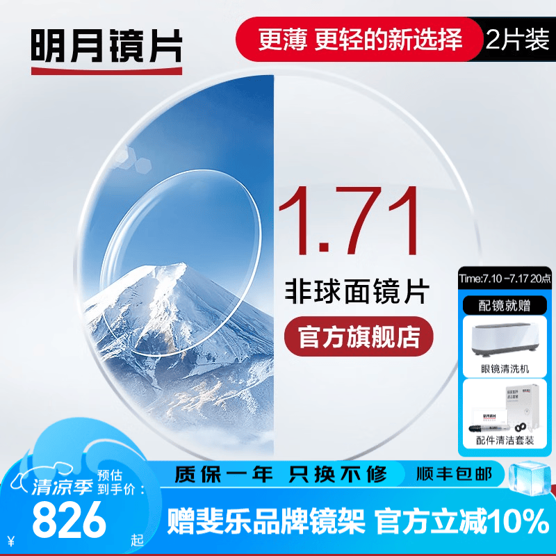 明月镜片 1.71超薄变色防蓝光防紫外线辐射配镜高清定制近视眼镜片2片 1.71日常非球面（现货）
