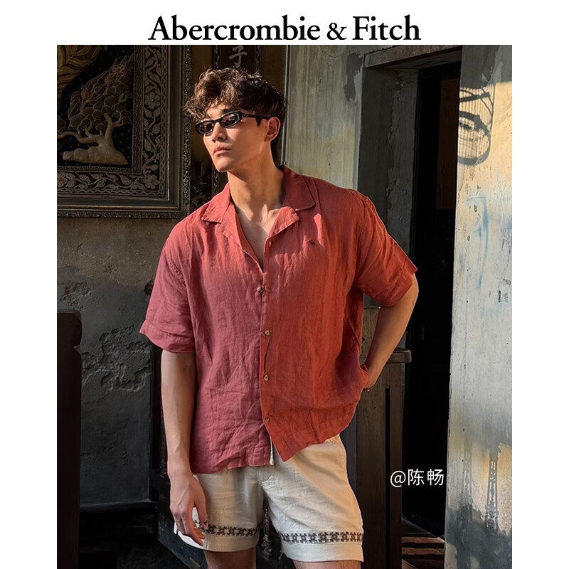 Abercrombie &amp; Fitch经典小麋鹿图案情侣古巴领短袖亚麻衬衫26夏男装女装125-6320 红色 S (175/92A)