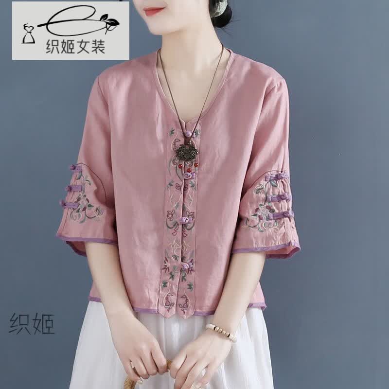 织姬禅服佛系女棉麻茶服女T恤刺绣盘扣棉衬衫夏小衫中式禅意宽松v领亚 粉色 L115-130斤高性价比高么？